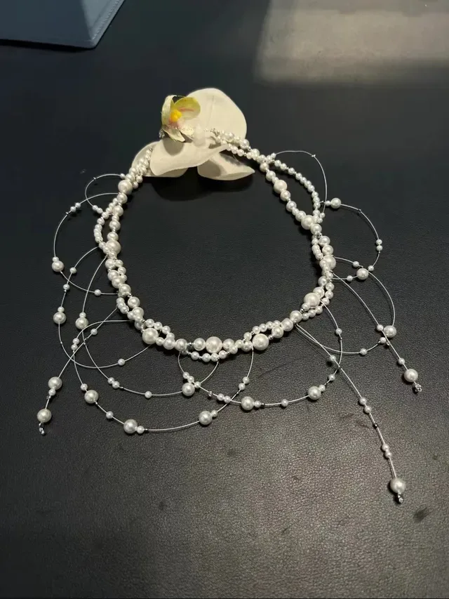 White Silver Multi-Strand Pearl Necklace 2
