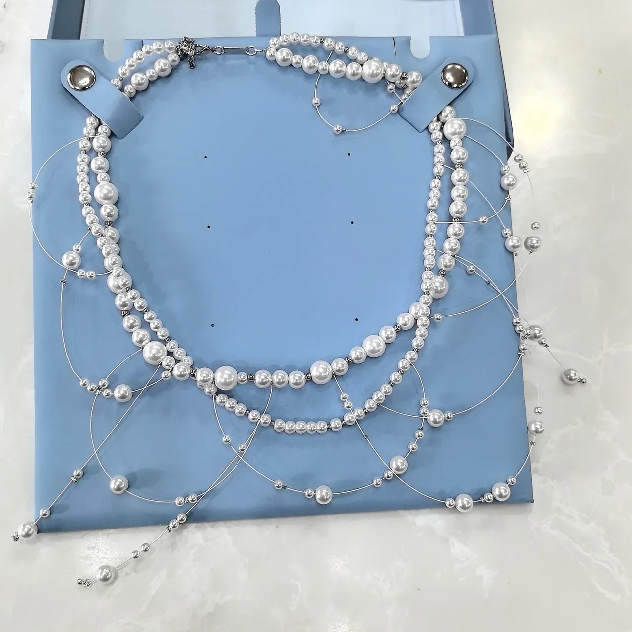 White Silver Multi-Strand Pearl Necklace 3