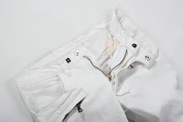 White Zip-Pocket Quilted-Knee Slim Tapered Pants 3
