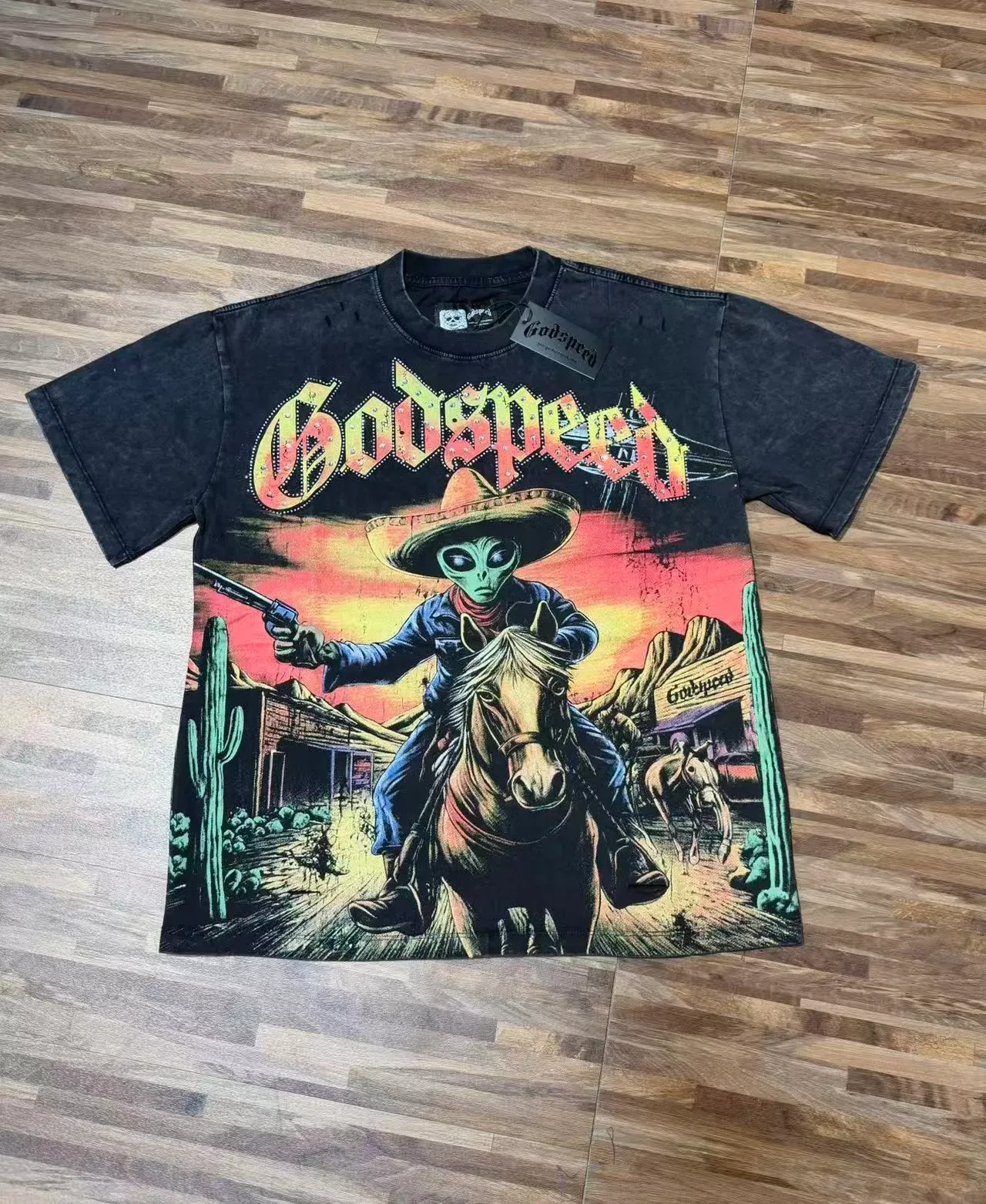 Godspeed Alien Cowboy Graphic Distressed Black T-Shirt 2
