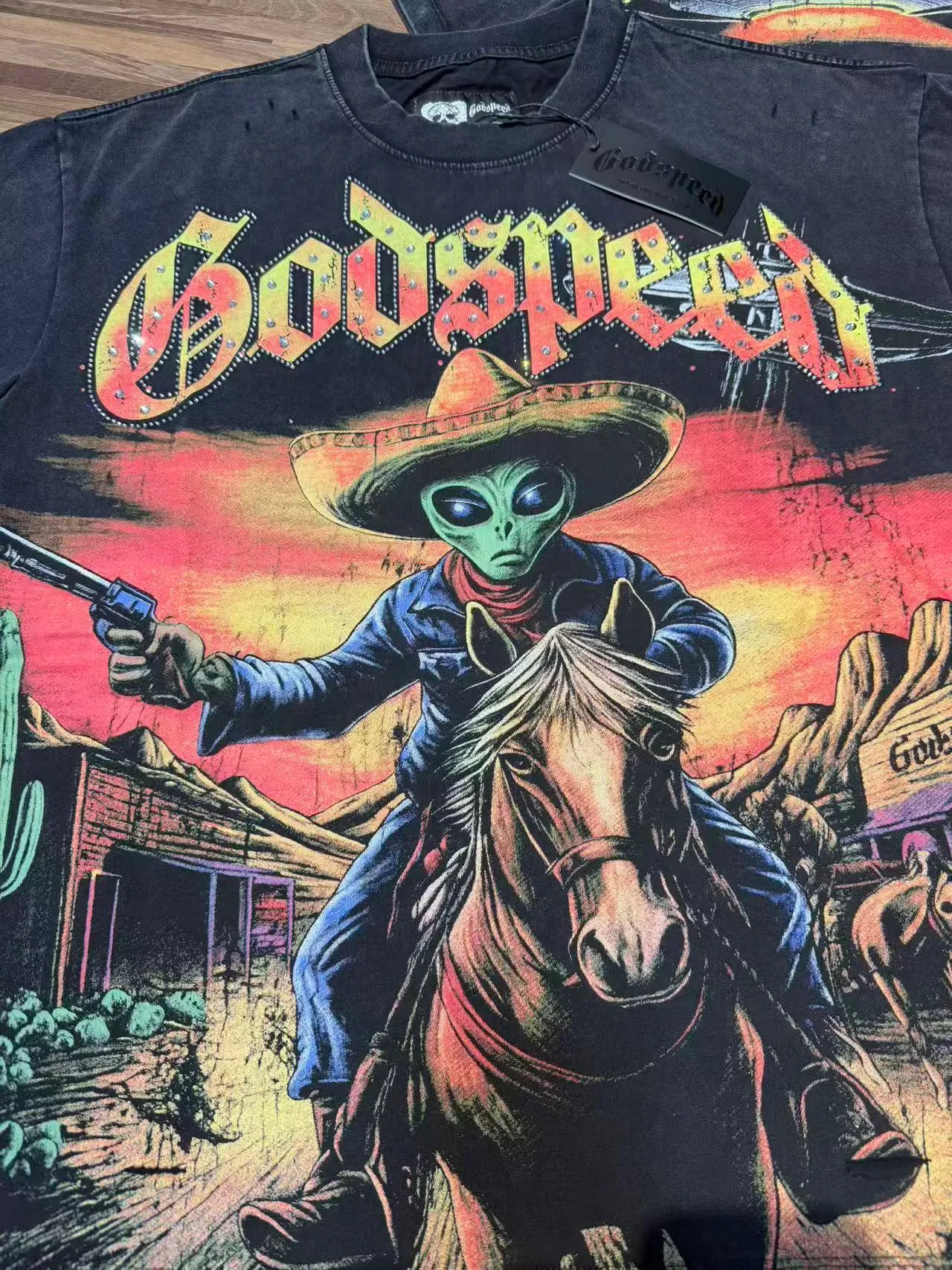 Godspeed Alien Cowboy Graphic Distressed Black T-Shirt 4