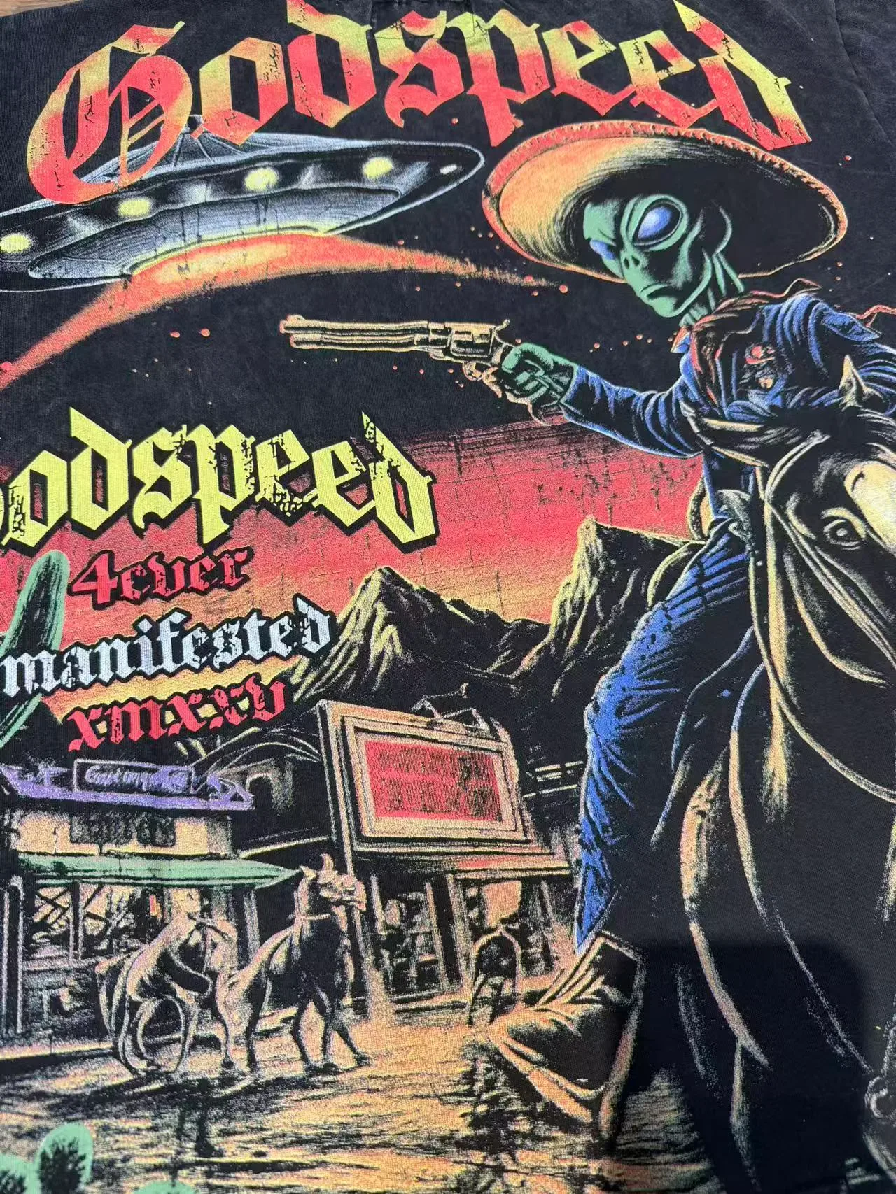 Godspeed Alien Cowboy Graphic Distressed Black T-Shirt 7