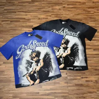 تي شيرت Godspeed رسمة ملاك طباعة أزرق وأسود متهالك بثقوب