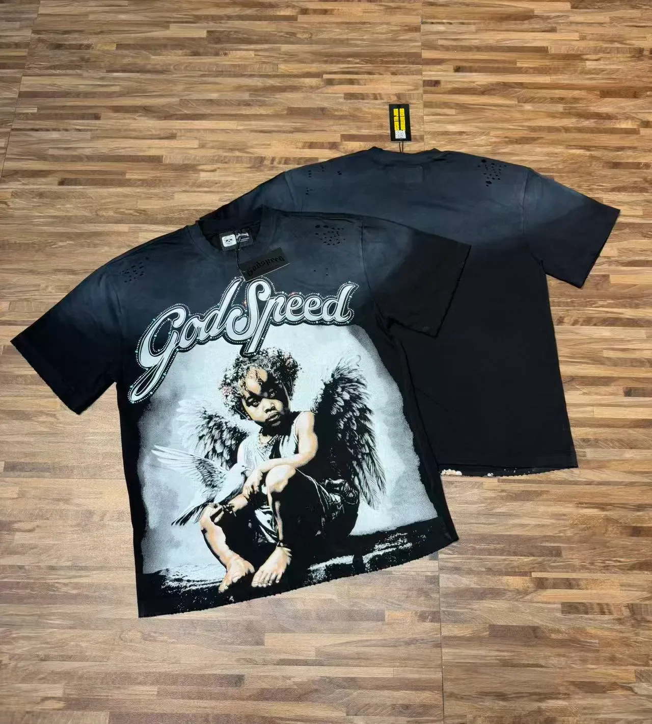 Godspeed Angel Graphic Blue Black Print Distressed Perforations T-Shirt 2