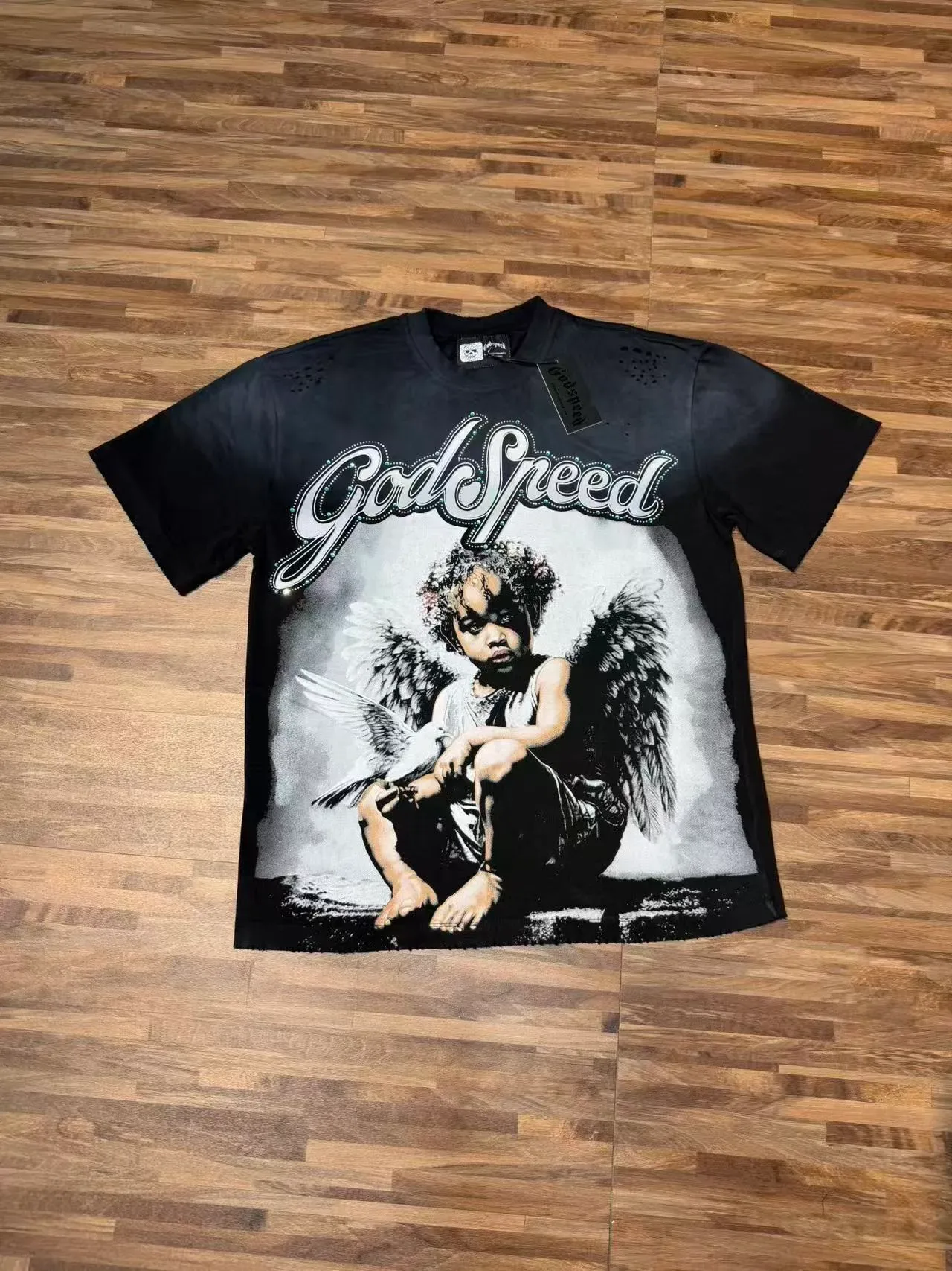 Godspeed Angel Graphic Blue Black Print Distressed Perforations T-Shirt 3