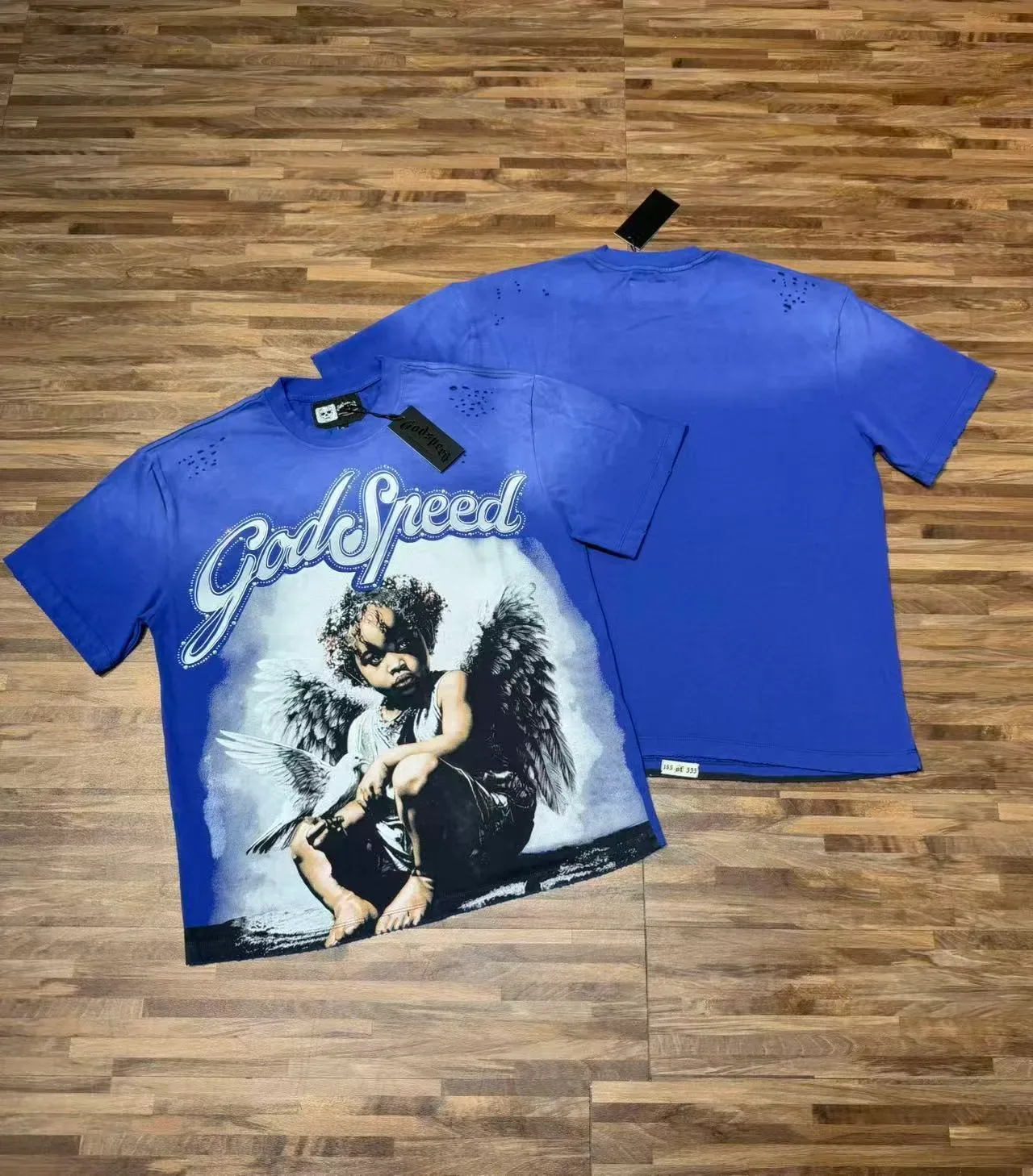 Godspeed Angel Graphic Blue Black Print Distressed Perforations T-Shirt 5