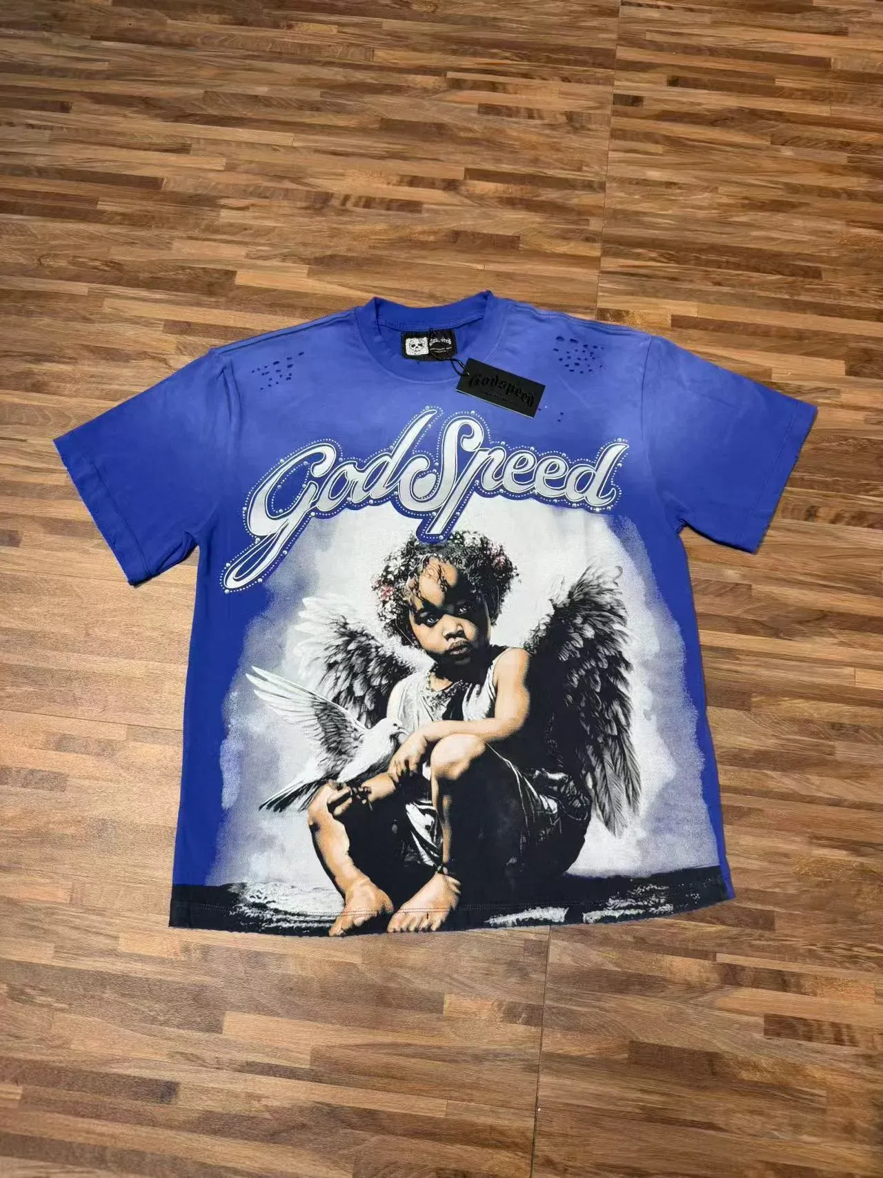 Godspeed Angel Graphic Blue Black Print Distressed Perforations T-Shirt 6