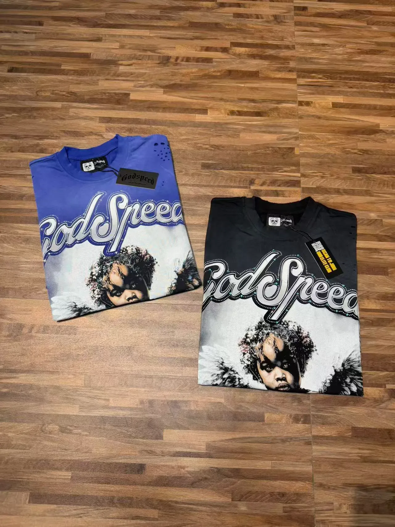 Godspeed Angel Graphic Blue Black Print Distressed Perforations T-Shirt 8