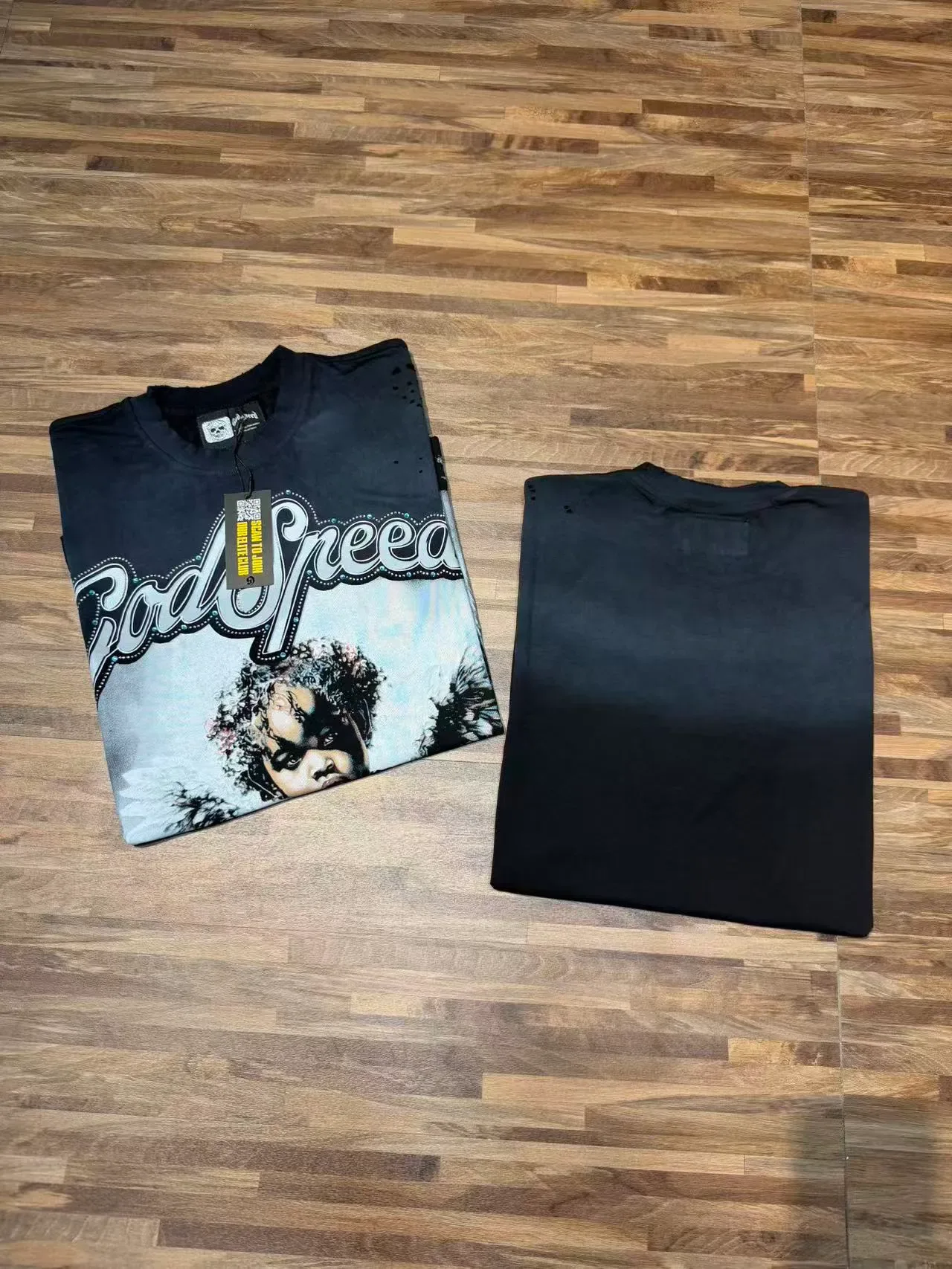 Godspeed Angel Graphic Blue Black Print Distressed Perforations T-Shirt 9