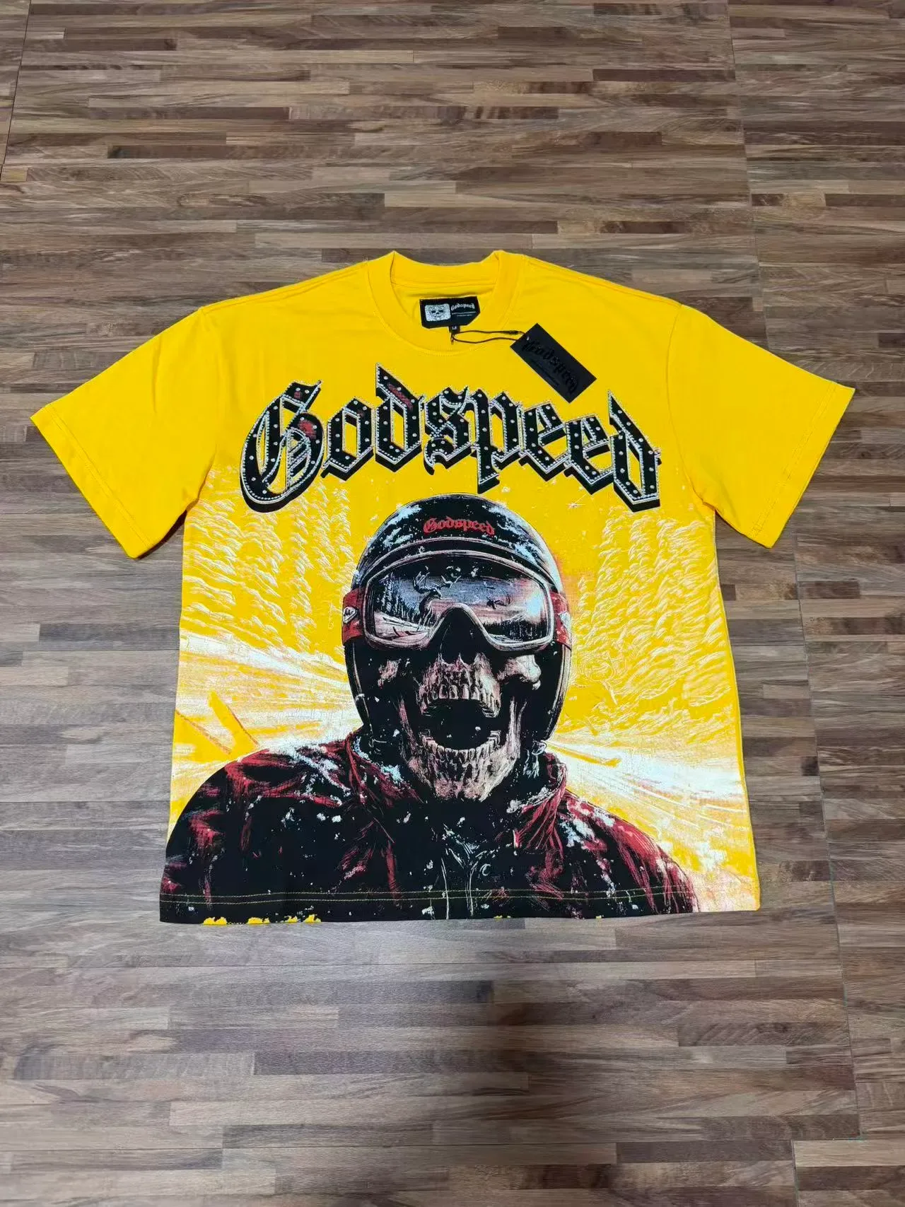 تي شيرت Godspeed أصفر بطبعة خوذة سباق جمجمة 2