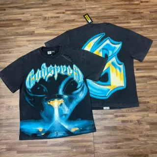 تي شيرت Godspeed أسود أوفرسايز بطباعة جرافيك