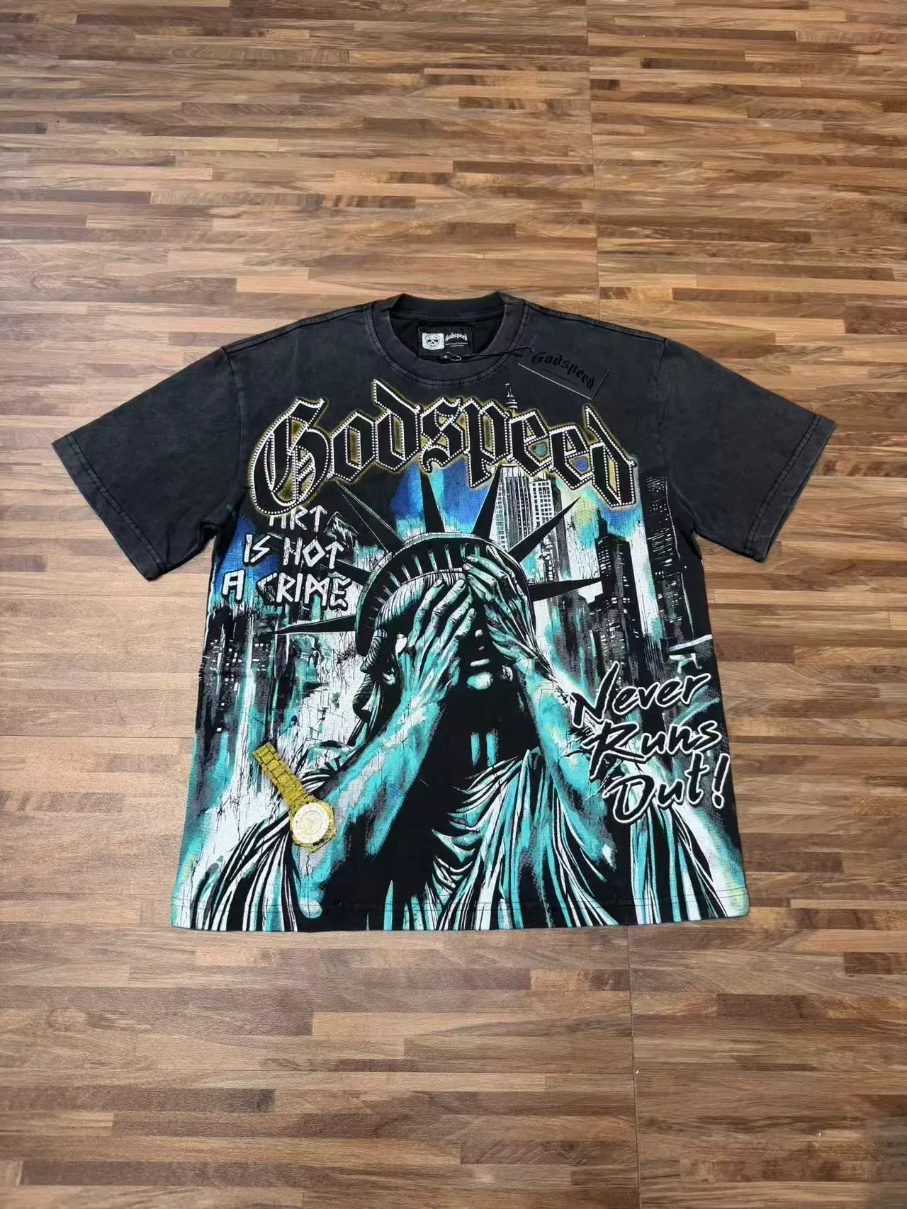 Godspeed Statue of Liberty Graphic Distressed Black T-Shirt 3
