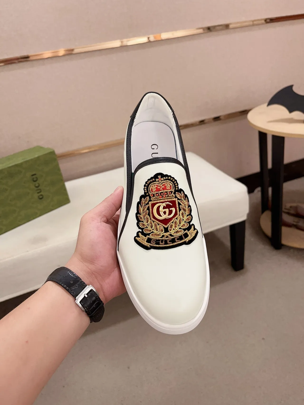 Gucci Ace White Black Embroidered Crest Slip-On Construction Loafer 2