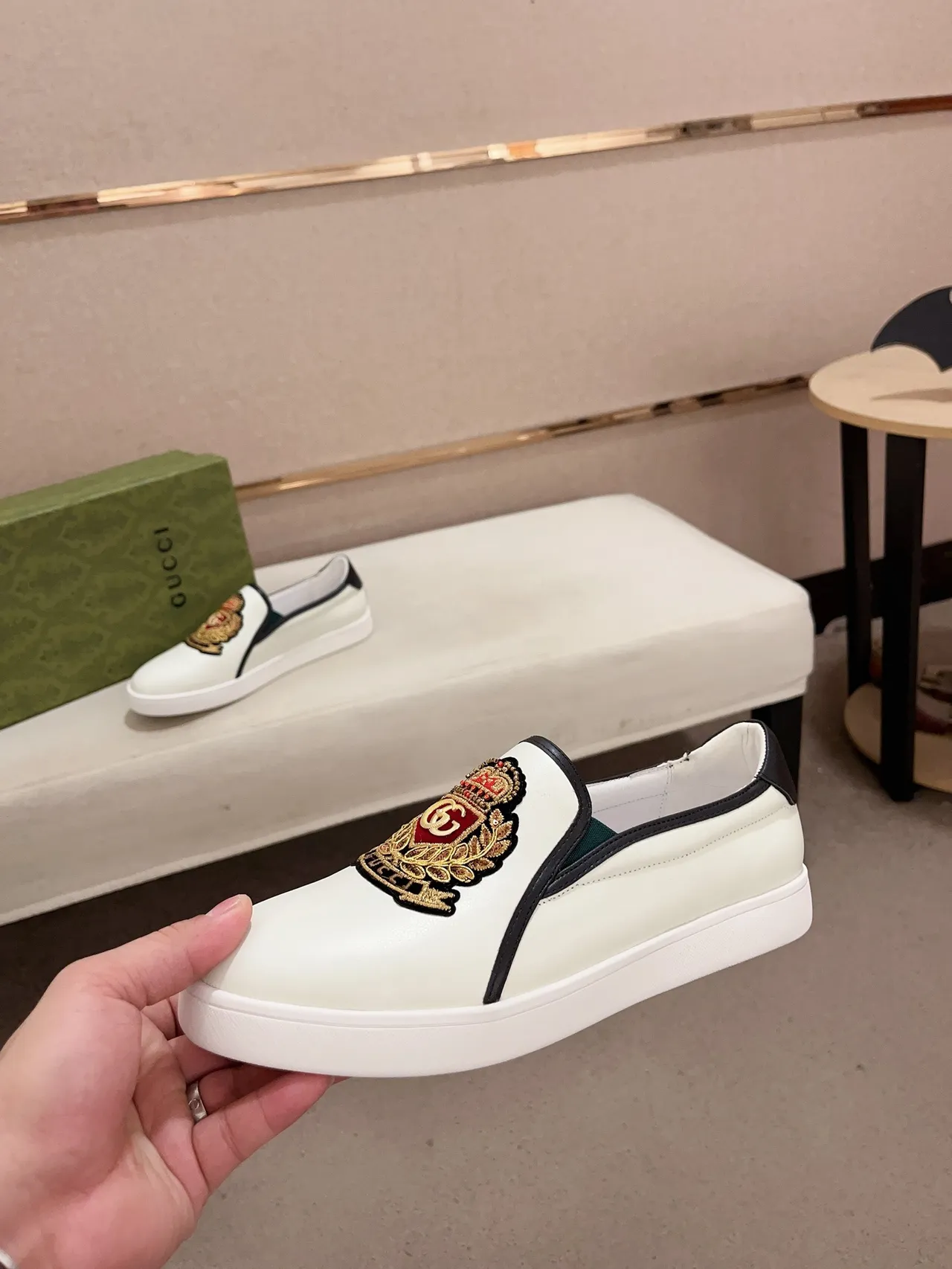 Gucci Ace White Black Embroidered Crest Slip-On Construction Loafer 3