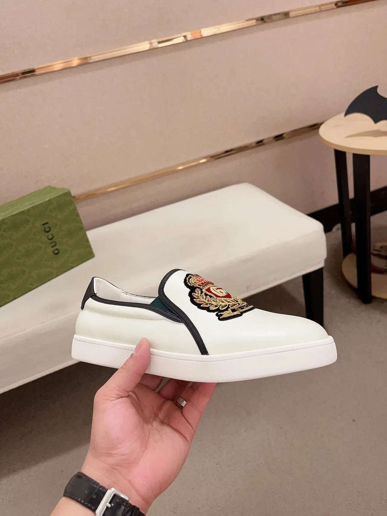 Gucci Ace White Black Embroidered Crest Slip-On Construction Loafer 4