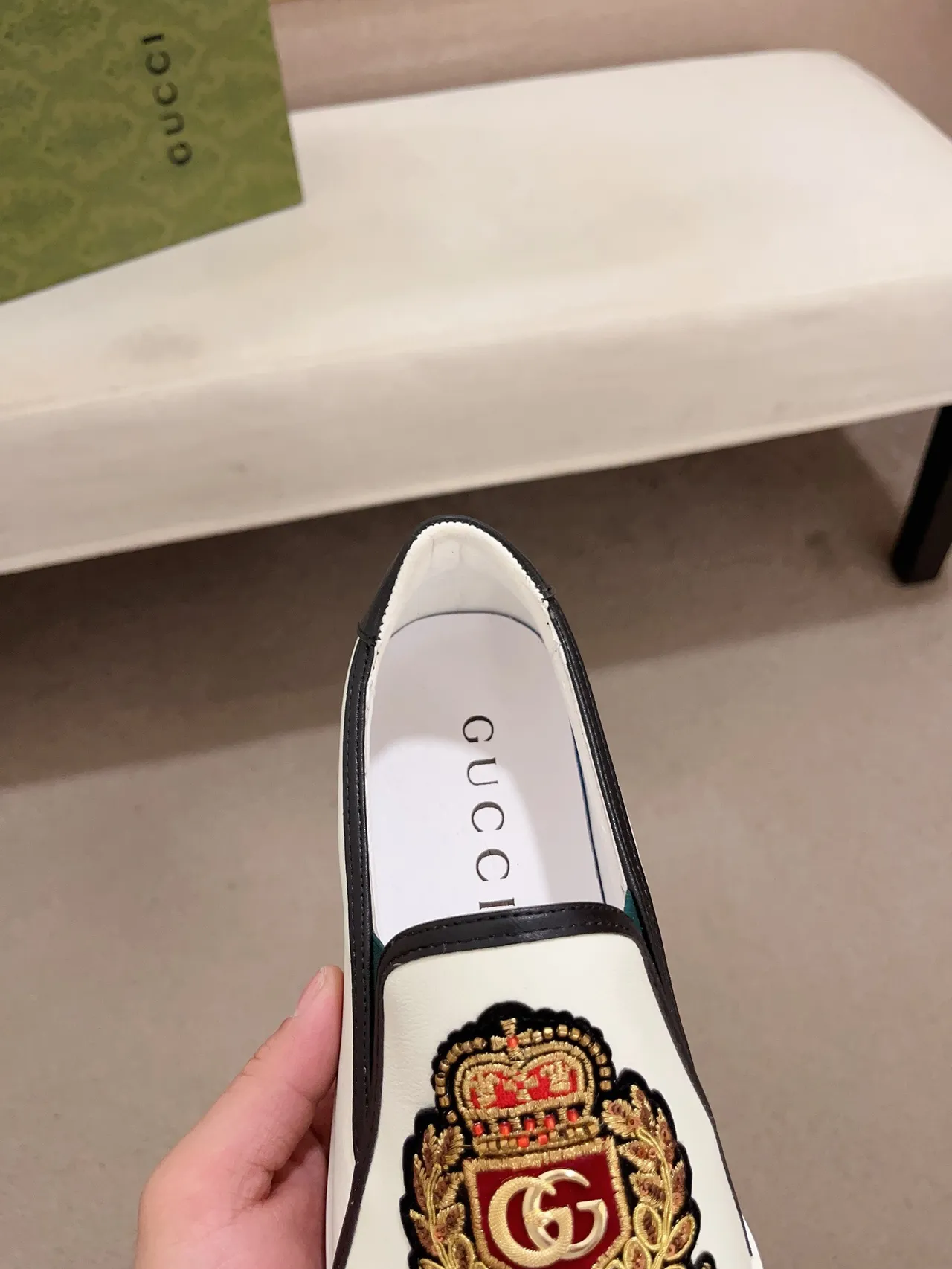 Gucci Ace White Black Embroidered Crest Slip-On Construction Loafer 6