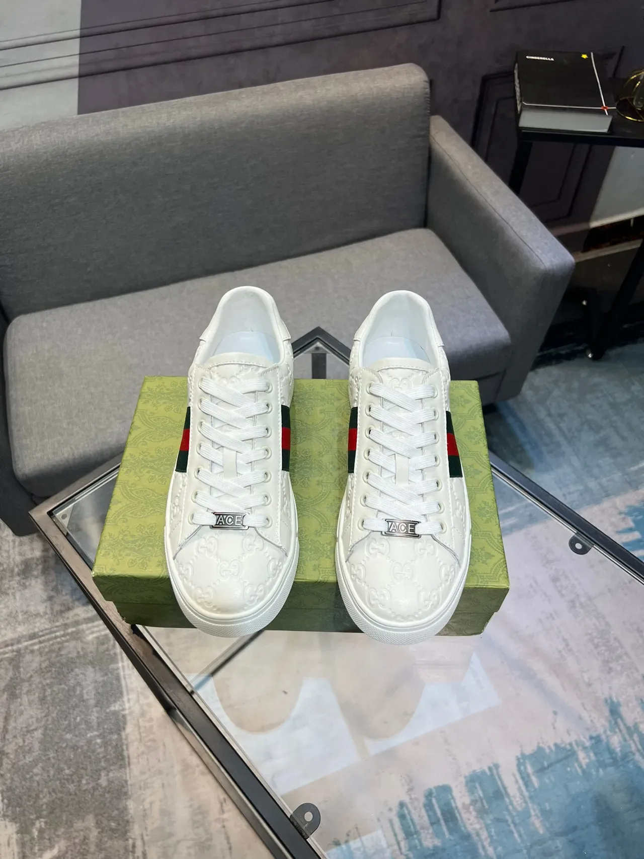 Gucci Ace White Embossed GG Monogram Web Stripe Lifestyle Sneakers 2