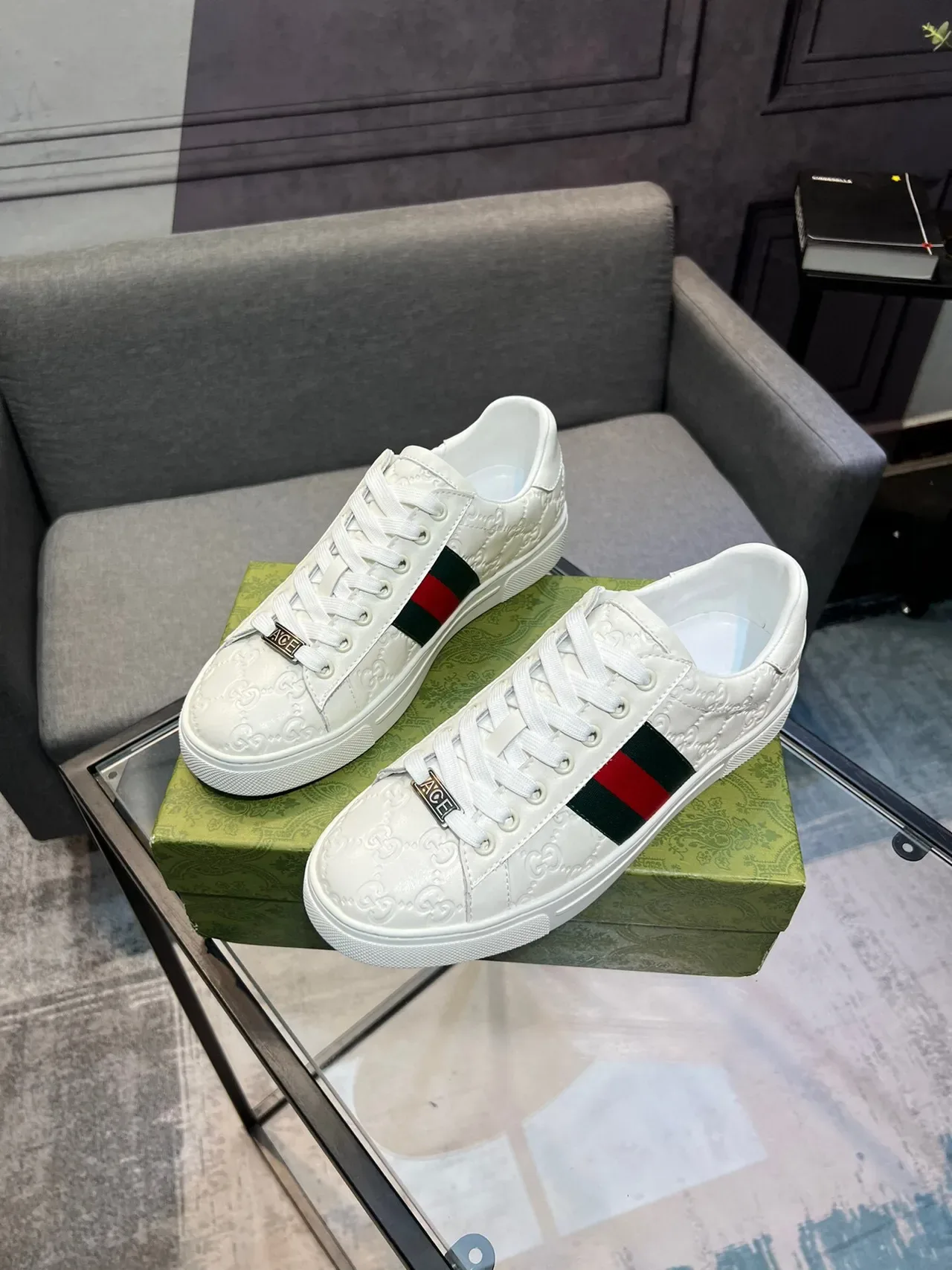Gucci Ace White Embossed GG Monogram Web Stripe Lifestyle Sneakers 3