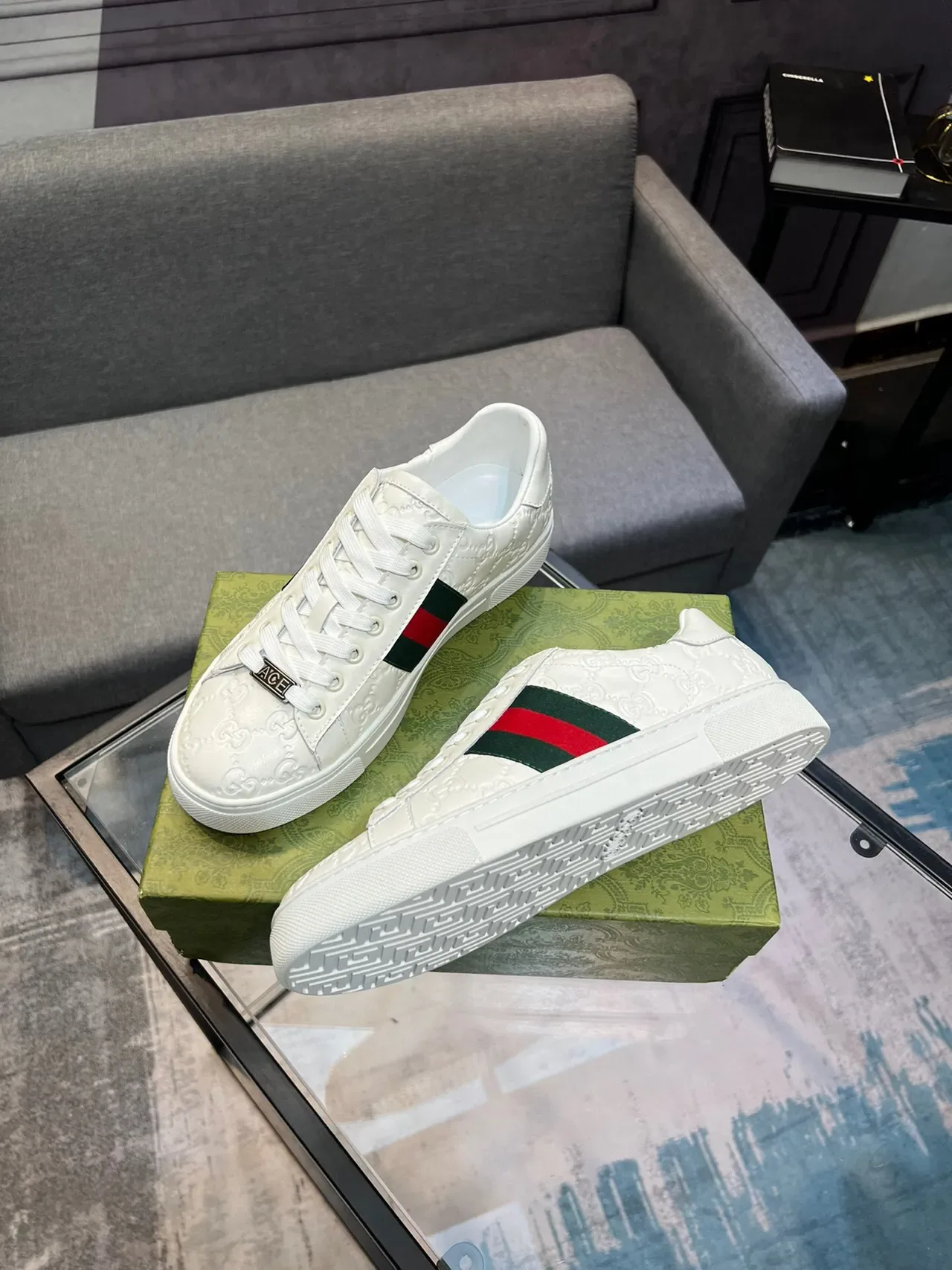 Gucci Ace White Embossed GG Monogram Web Stripe Lifestyle Sneakers 4