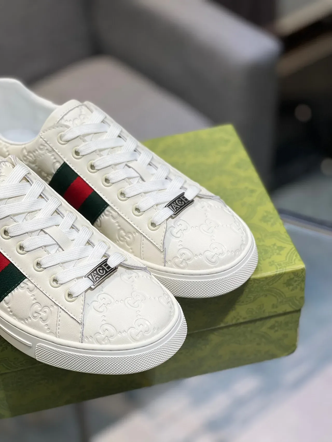 Gucci Ace White Embossed GG Monogram Web Stripe Lifestyle Sneakers 9