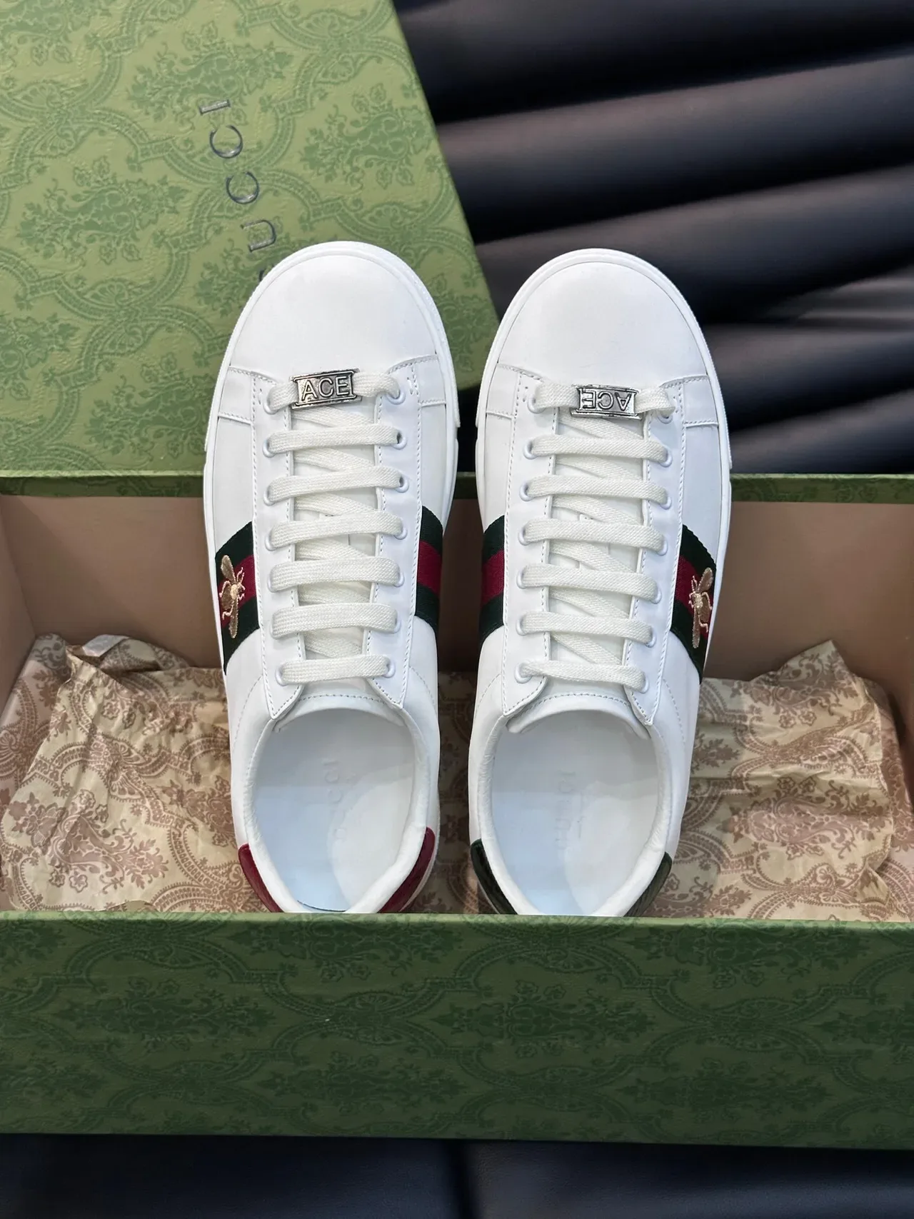 Gucci Ace White Leather Web Stripe Bee Embroidery Lifestyle Sneakers 4