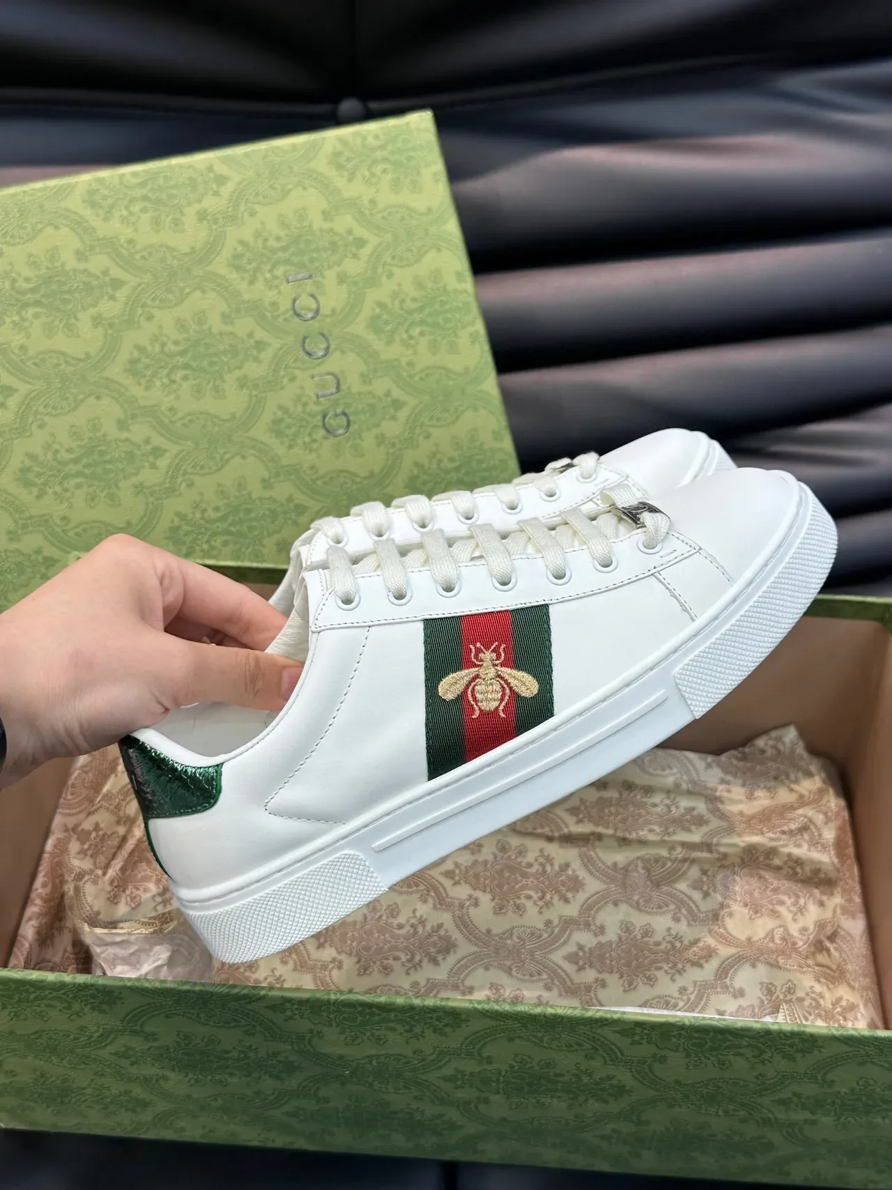 Gucci Ace White Leather Web Stripe Bee Embroidery Lifestyle Sneakers 5