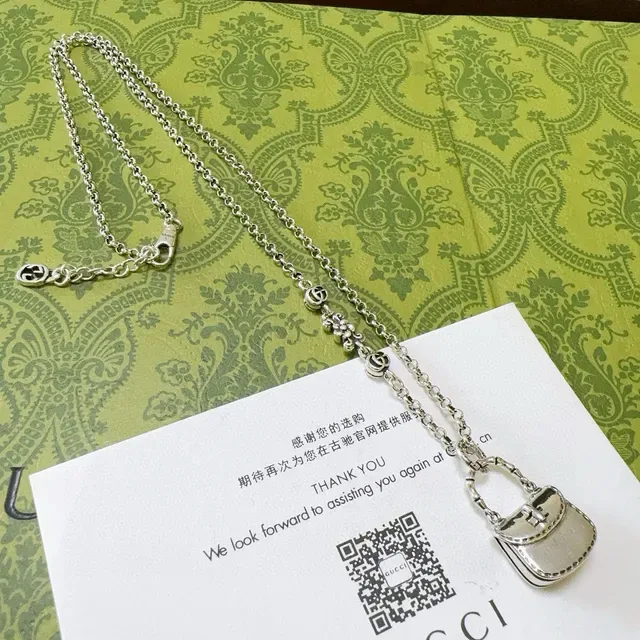 Gucci Bamboo Silver Pink Chain Mini Handbag Pendant Necklace 2
