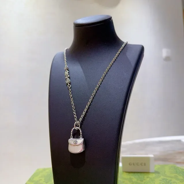 Gucci Bamboo Silver Pink Chain Mini Handbag Pendant Necklace 6
