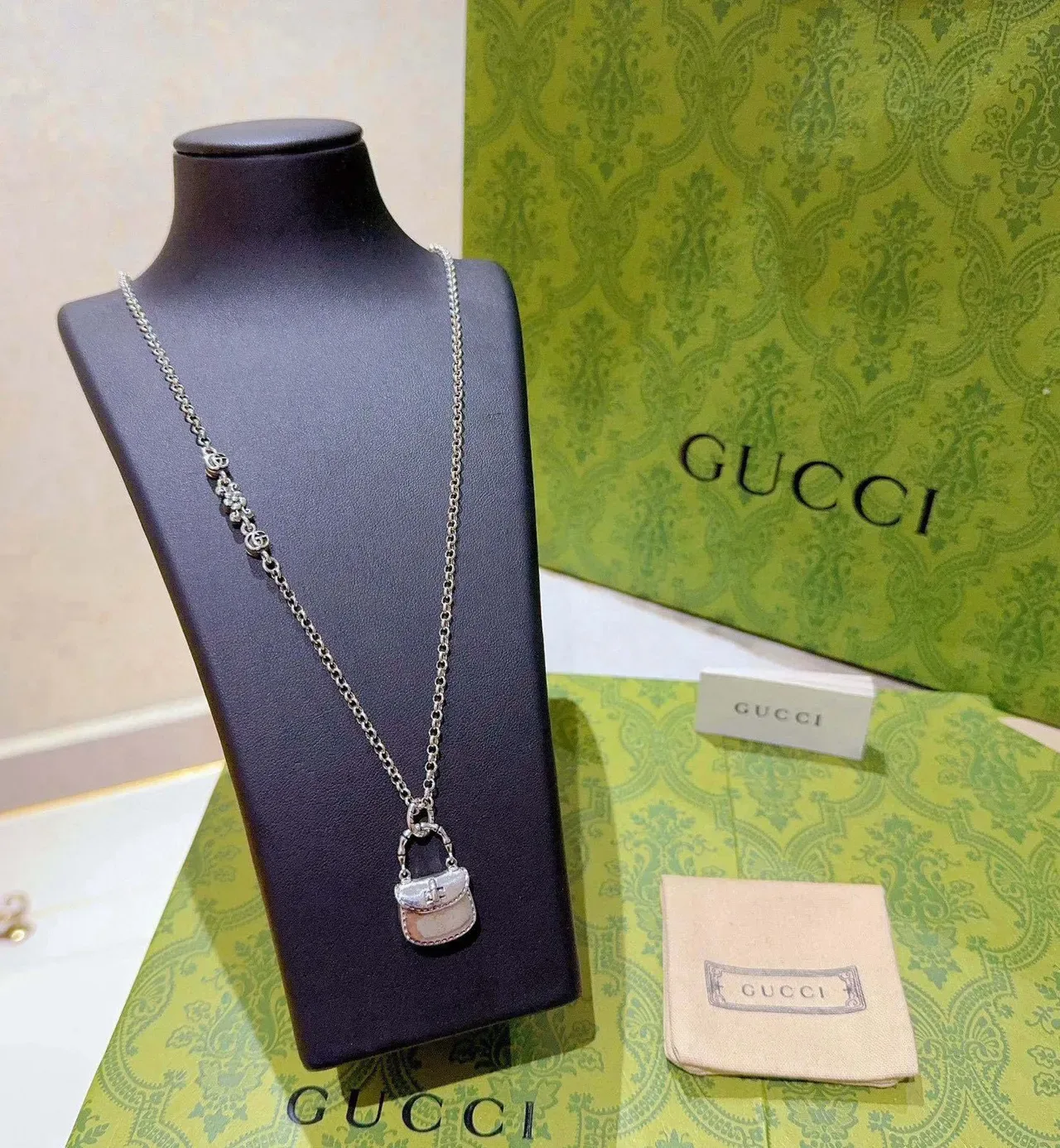 Gucci Bamboo Silver Pink Chain Mini Handbag Pendant Necklace 9
