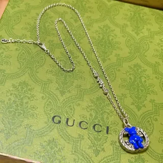 Gucci دب أزرق فضي سلسلة مينا قلادة