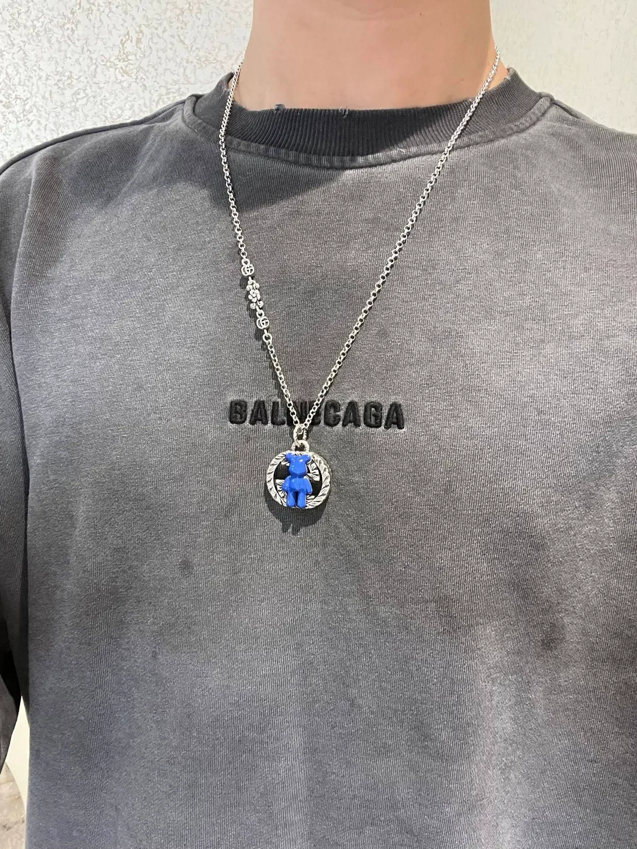 Gucci Bear Blue Silver Chain Enamel Pendant Necklace 2
