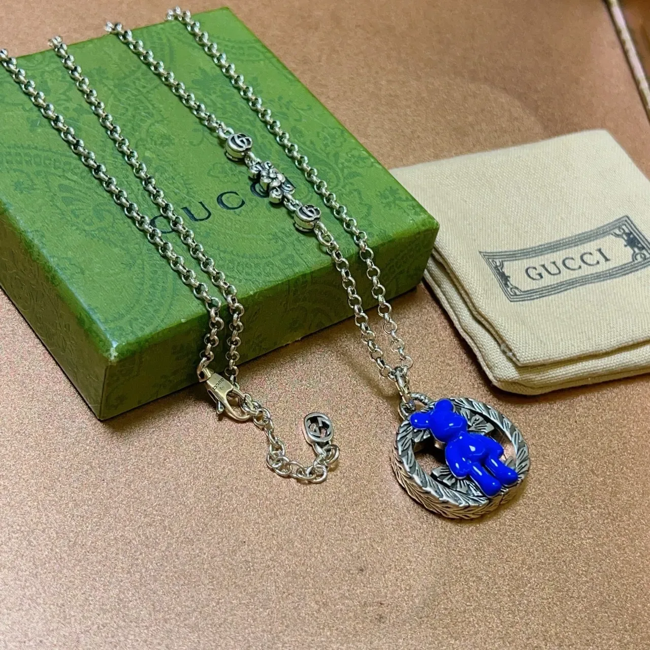 Gucci Bear Blue Silver Chain Enamel Pendant Necklace 3