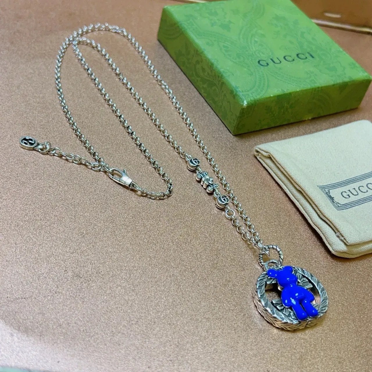 Gucci Bear Blue Silver Chain Enamel Pendant Necklace 4