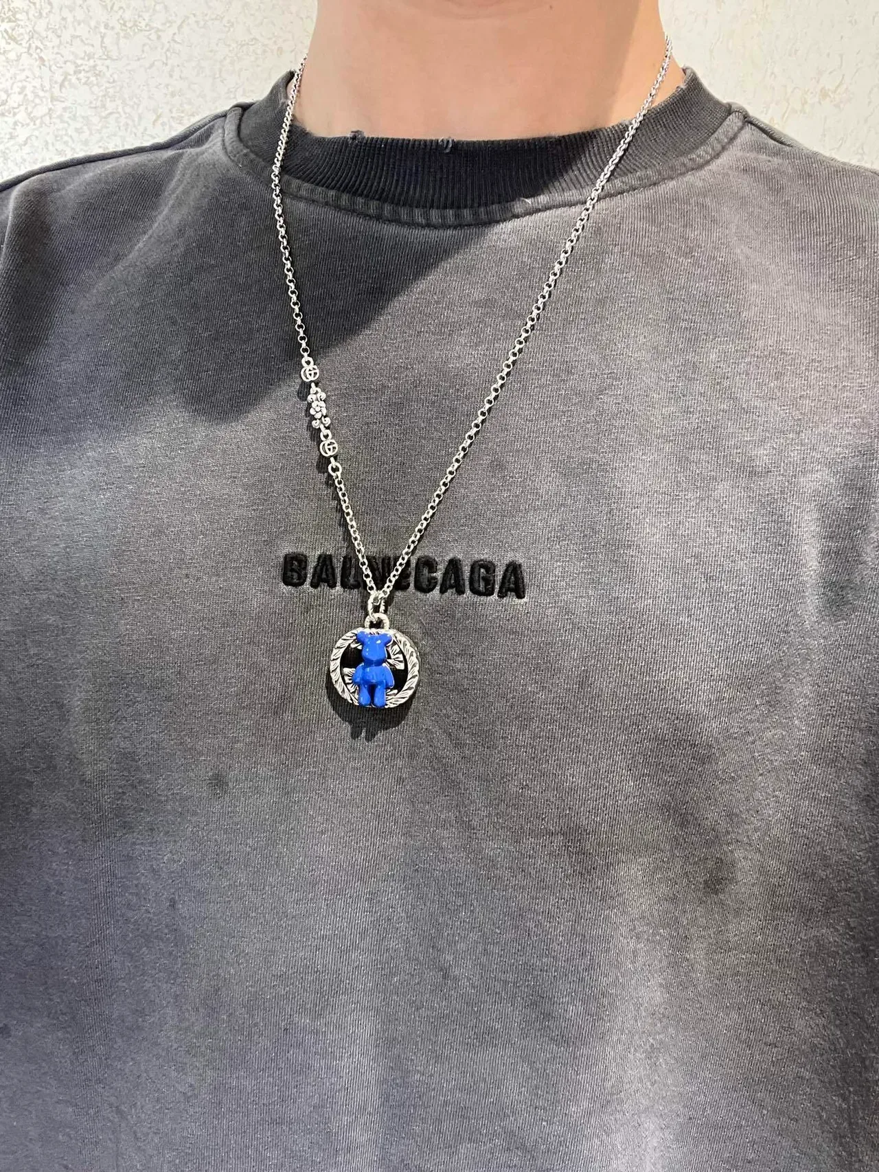 Gucci Bear Blue Silver Chain Enamel Pendant Necklace 5
