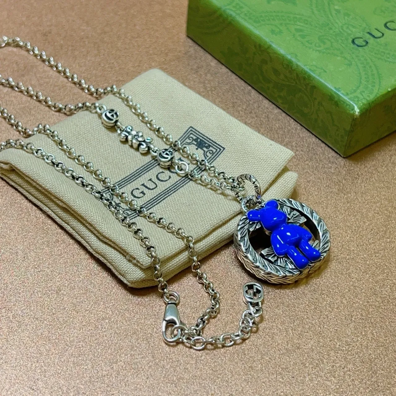 Gucci Bear Blue Silver Chain Enamel Pendant Necklace 6