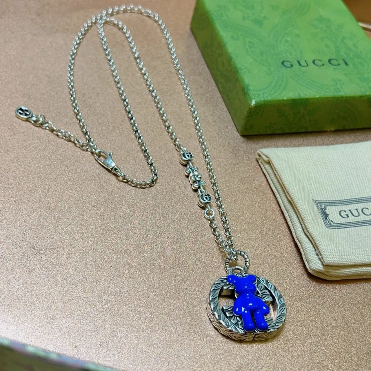 Gucci Bear Blue Silver Chain Enamel Pendant Necklace 7