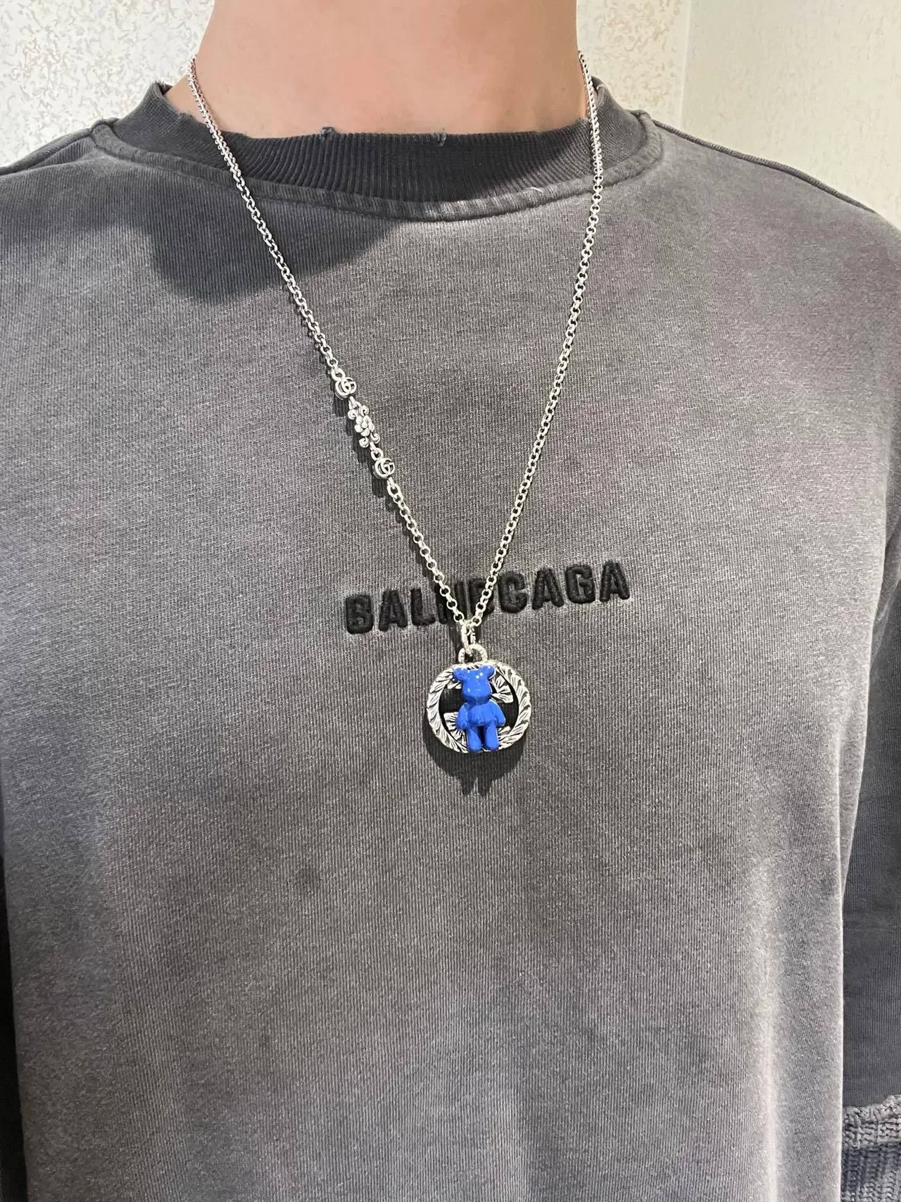 Gucci Bear Blue Silver Chain Enamel Pendant Necklace 8
