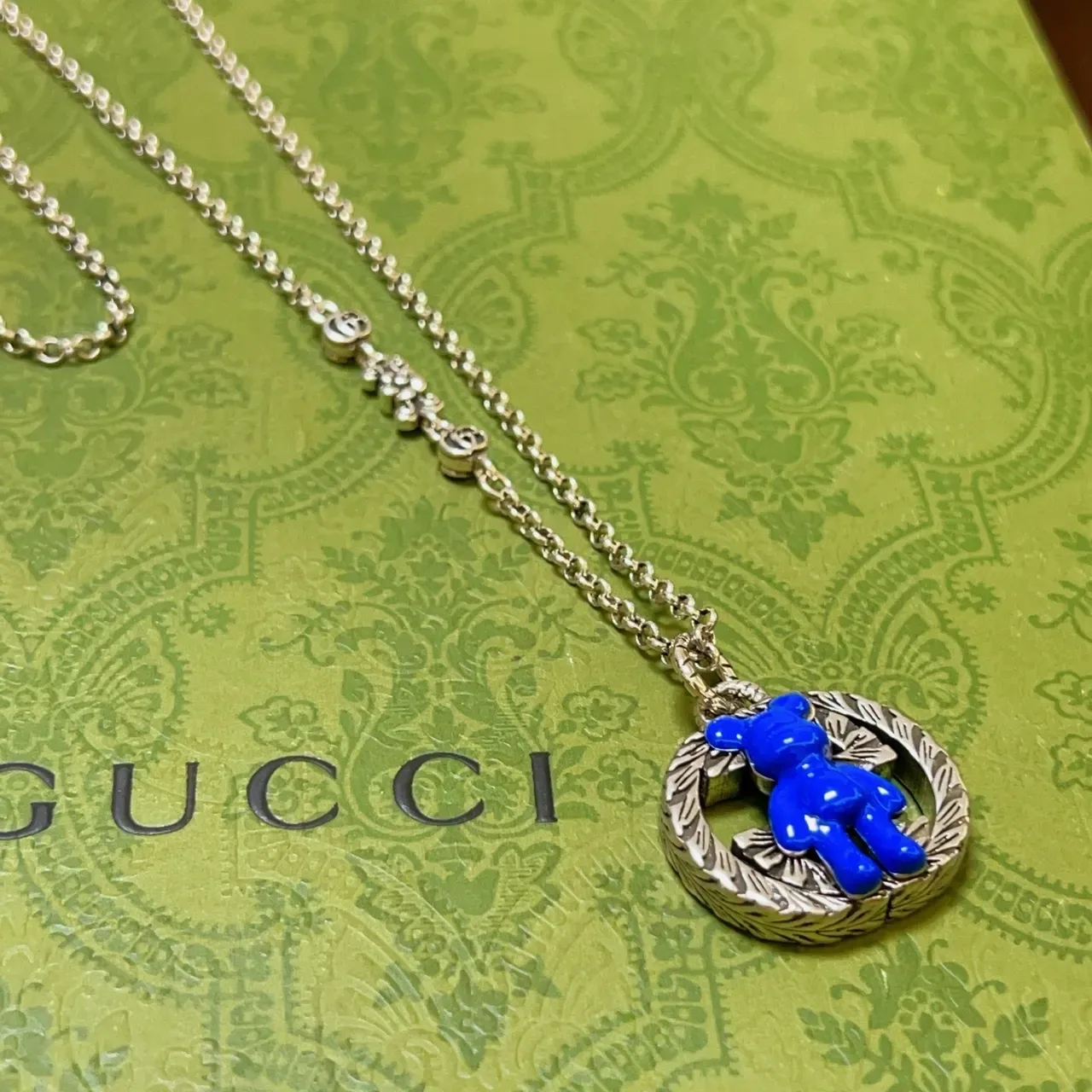 Gucci Bear Blue Silver Chain Enamel Pendant Necklace 9
