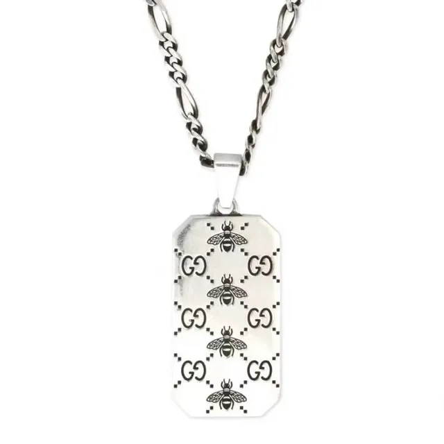 Gucci Bee Motif Dog Tag Silver Black Pendant Figaro Chain Necklace 1
