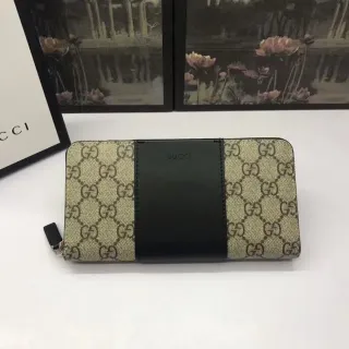 Gucci Beige Black GG Monogram Canvas Central Leather Stripe Long Wallet