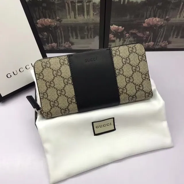 Gucci Beige Noir GG Monogram Canvas Bande de cuir centrale Portefeuille Long 2