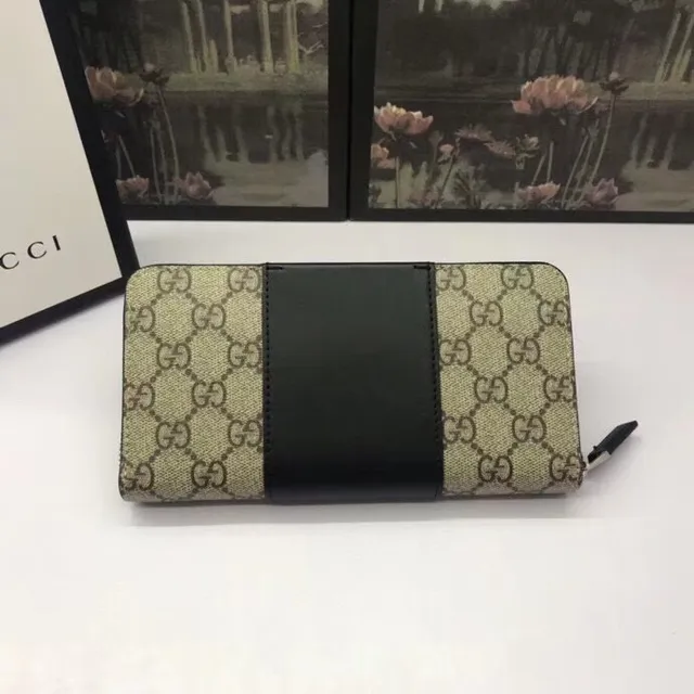 Gucci Beige Noir GG Monogram Canvas Bande de cuir centrale Portefeuille Long 9