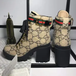Gucci Beige Black GG Monogram Wool Web Stripe Buckle Strap Ankle Boots