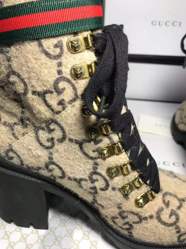 Gucci Beige Noir GG Monogram Laine Tissé Rayure Boucle Sangle Bottines de Cheville 3