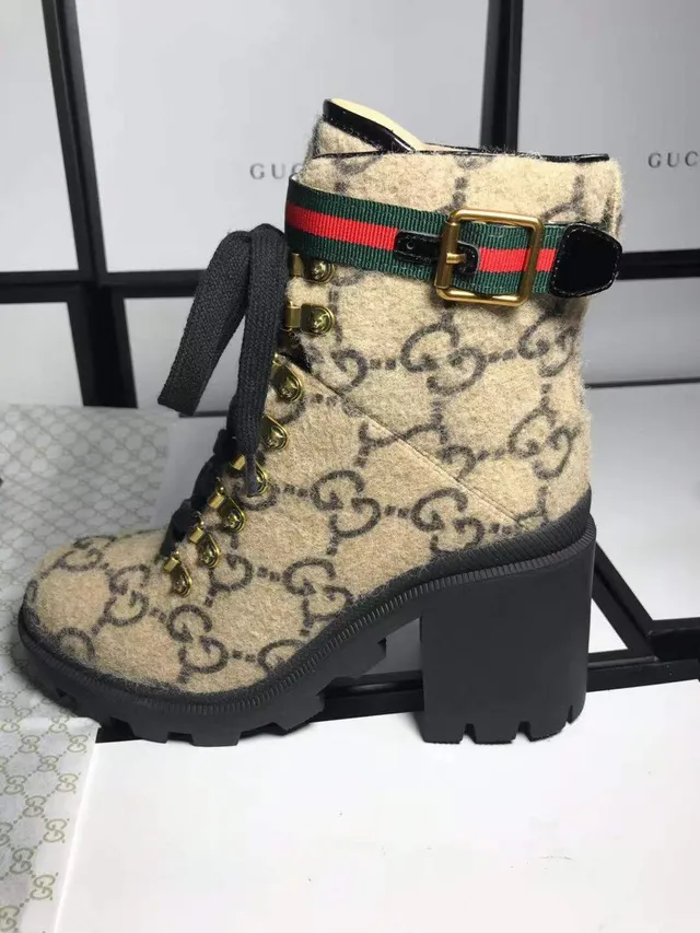 Gucci Beige Noir GG Monogram Laine Tissé Rayure Boucle Sangle Bottines de Cheville 4