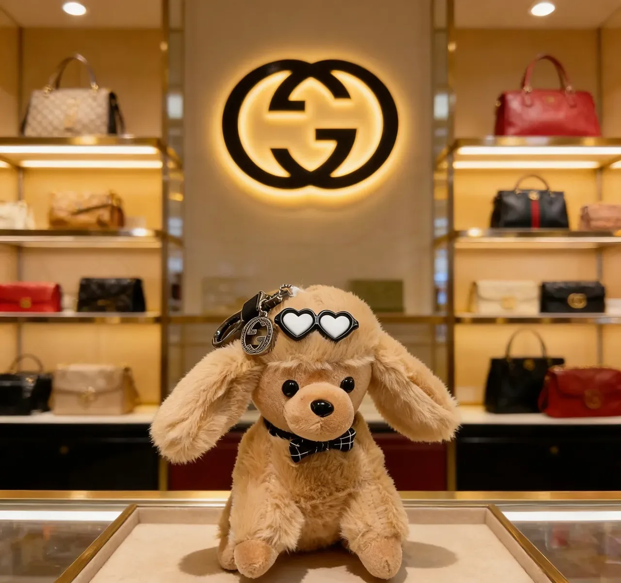 Gucci Beige Black Plush Dog Heart-Shaped Sunglasses Crossbody Bag 2