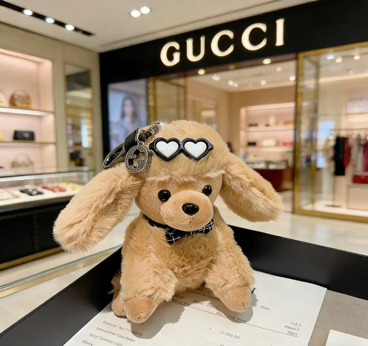 Gucci Beige Black Plush Dog Heart-Shaped Sunglasses Crossbody Bag 4