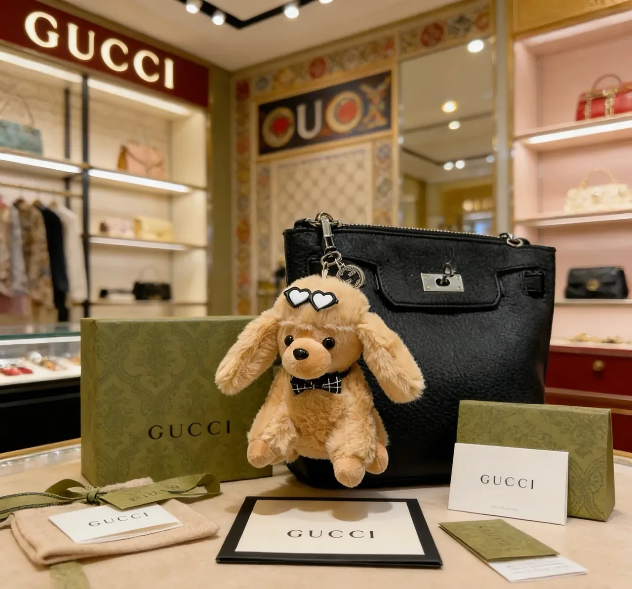 Gucci Beige Black Plush Dog Heart-Shaped Sunglasses Crossbody Bag 5