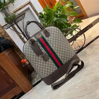 Gucci beige marrón GG Monogram Canvas Web Stripe Accent Boston Bag