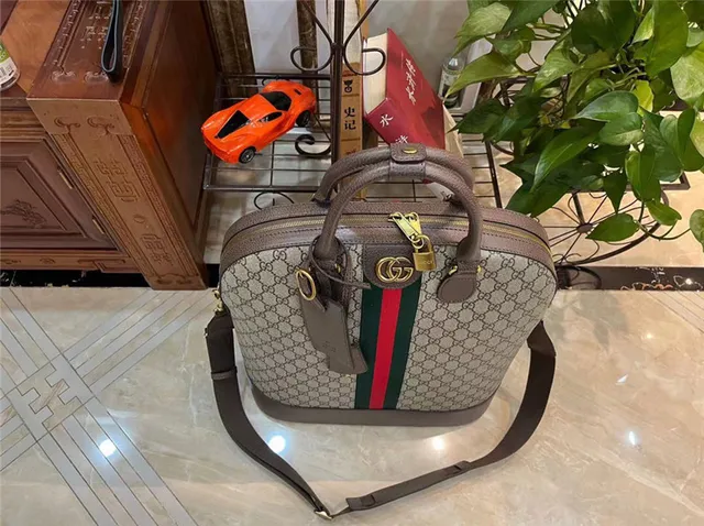 Gucci بيج بني GG Monogram Canvas Web Stripe Accent Boston Bag 3